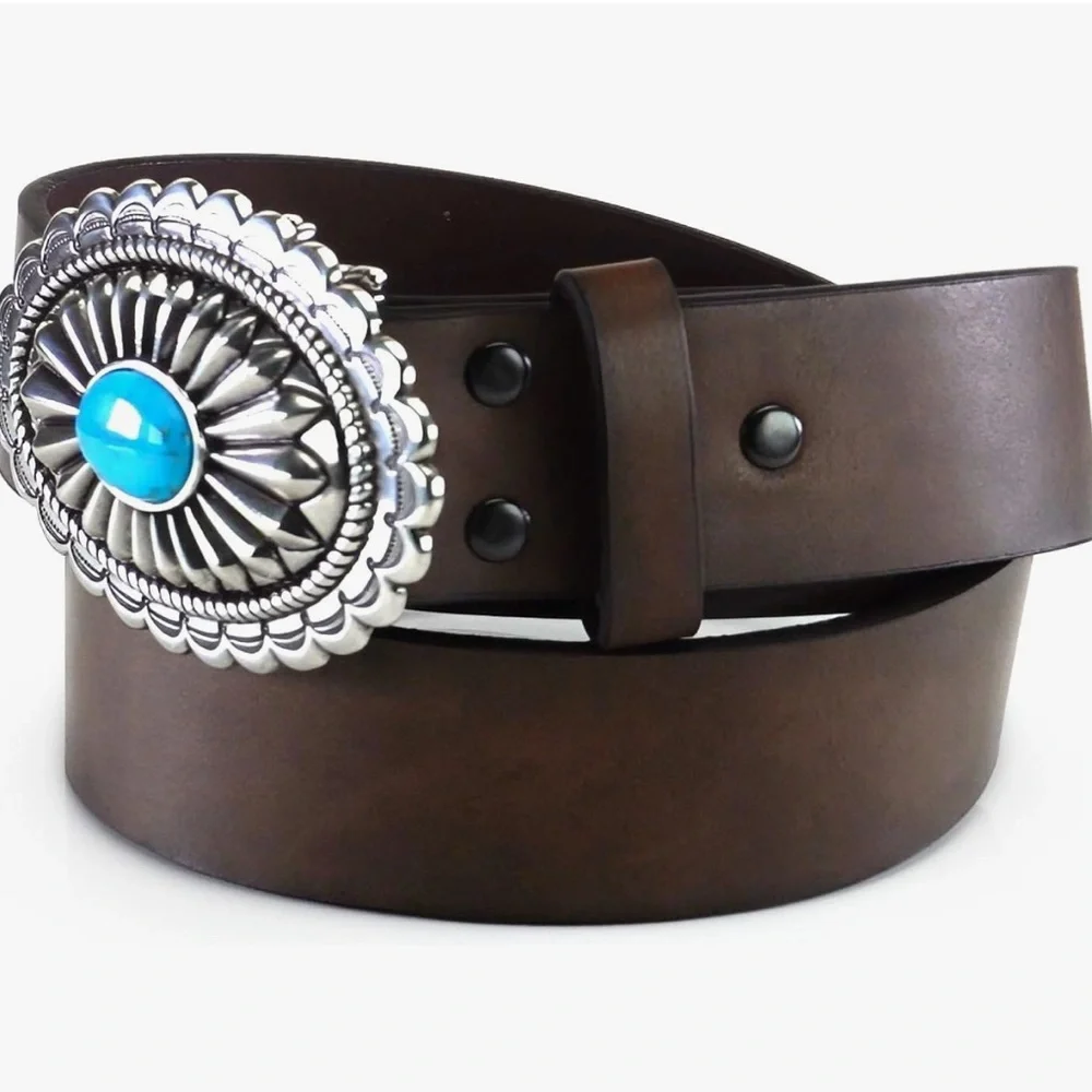 NVW ARIAT Women's Basic Brown Strap Tirqouise Buckle Belt - Picture 3 of 6